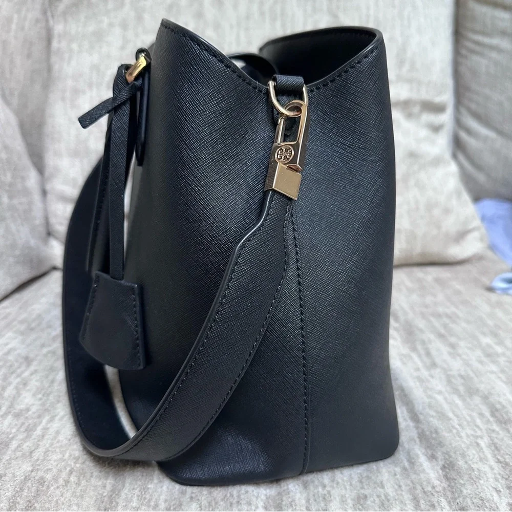 Tory Burch Robinson Medium Triple Compartment Black Leather Tote Bag - Picture 5 of 16